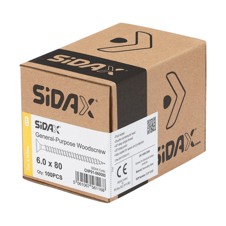 Sidax 6.0 x 80mm Countersunk Pozi Pz3, CHP01 General-Purpose Woodscrew, Zinc & Yellow CHP01-060080