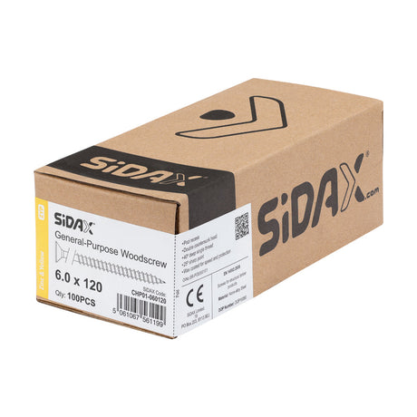 Sidax 6.0 x 120mm Countersunk Pozi Pz3, CHP01 General-Purpose Woodscrew, Zinc & Yellow CHP01-060120