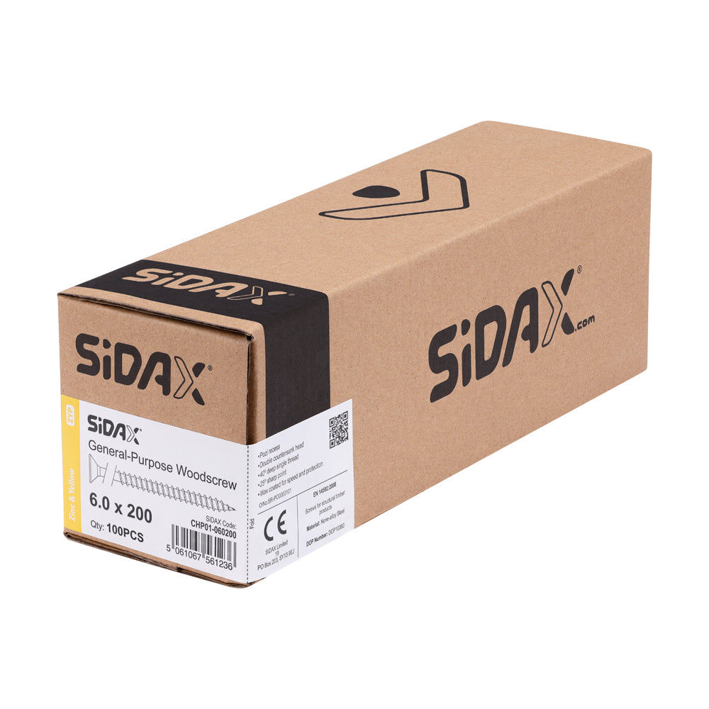 Sidax 6.0 x 200mm Countersunk Pozi Pz3, CHP01 General-Purpose Woodscrew, Zinc & Yellow CHP01-060200