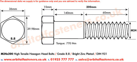 M24 x 200 Hexagon Head Bolt High Tensile Grade 8.8, Bright Zinc Plated, DIN 931