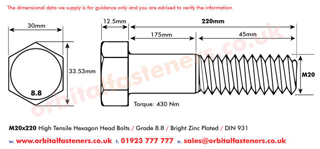 M20 x 220 Hexagon Head Bolt High Tensile Grade 8.8, Bright Zinc Plated, DIN 931