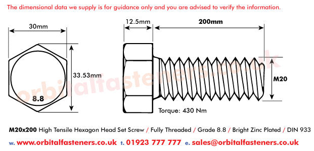 M20 x 200 Hexagon Head Set Screws High Tensile Grade 8.8 Bright Zinc Plated, DIN 933