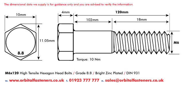 M6 x 120 Hexagon Head Bolt High Tensile Grade 8.8, Bright Zinc Plated, DIN 931