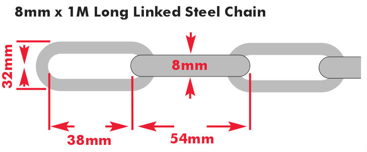 8mm x 1 Metre (ID 52 x 16mm) Galvanised/Galvanized Long Link Steel Chain, Sold in multiples of 1 Metre