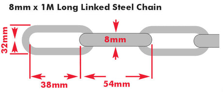 8mm x 1 Metre (ID 52 x 16mm) Galvanised/Galvanized Long Link Steel Chain, Sold in multiples of 1 Metre