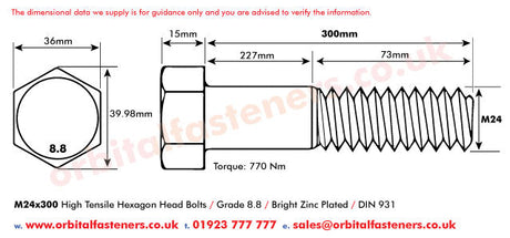 M24 x 300 Hexagon Head Bolt High Tensile Grade 8.8, Bright Zinc Plated, DIN 931