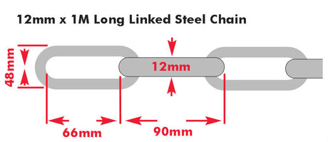 12mm x 1 Metre (ID 78 x 24mm) Galvanised/Galvanized Long Link Steel Chain, Sold in multiples of 1 Metre