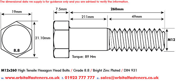 M12 x 260 Hexagon Head Bolt High Tensile Grade 8.8, Bright Zinc Plated, DIN 931