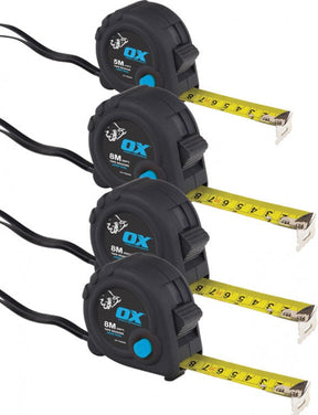 OX Heavy Duty Tape Measures 4 BUNDLE (1 x 5M/16ft & 3 x 8M/26ft)