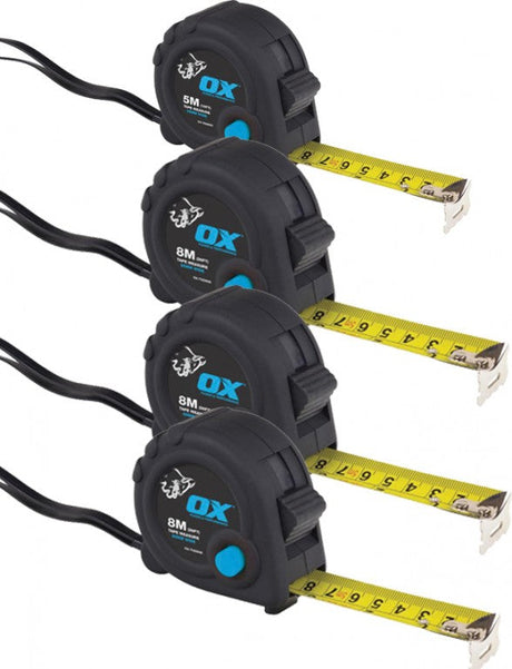 OX Heavy Duty Tape Measures 4 BUNDLE (1 x 5M/16ft & 3 x 8M/26ft)