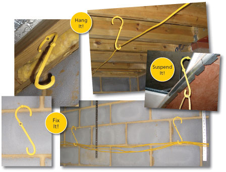 Skyhook Cable Support, Yellow 250mm Long, 2 Hooks, 2 Screw Holes