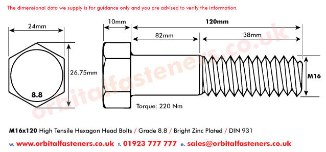 M16 x 120 Hexagon Head Bolt High Tensile Grade 8.8, Bright Zinc Plated, DIN 931
