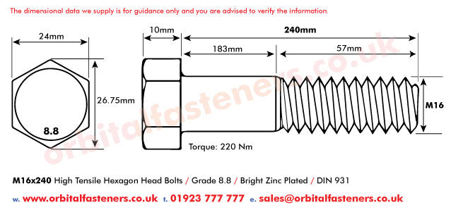 M16 x 240 Hexagon Head Bolt High Tensile Grade 8.8, Bright Zinc Plated, DIN 931