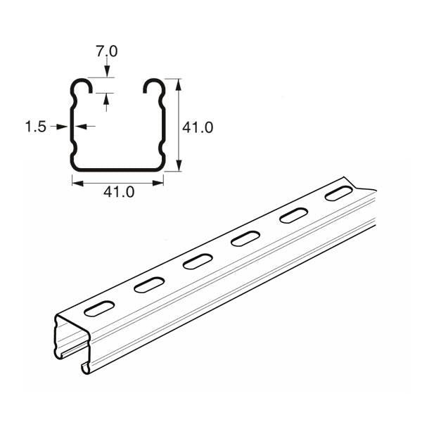 Deep Slotted Channel Light Gauge x 3 Metre, 41mm x 41mm x 1.5mm, Mild steel pre-galvanised.  Unistrut compatible P2000TX3  SC413/3M