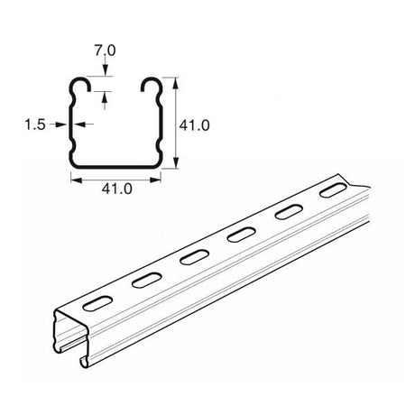 Deep Slotted Channel Light Gauge x 3 Metre, 41mm x 41mm x 1.5mm, Mild steel pre-galvanised.  Unistrut compatible P2000TX3  SC413/3M
